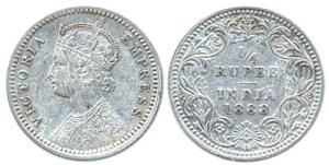 Victoria Empress, Silver, ¼ Rupee, 1888, Calcutta Mint but no Mint Mark, obv C / rev II. F