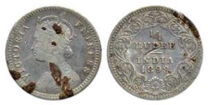 Victoria Empress, Silver, ¼ Rupee, 1898, Calcutta Mint, obv C / rev II, ’C’ incuse. Rare. 