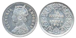 Victoria Empress, Silver, ¼ Rupee, 1901, Calcutta Mint, obv C3 / rev II, ’C’ incuse. Extre