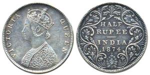 Victoria Queen, Silver, ½ Rupee, 1874, Bombay Mint, obv B2 / rev II, with Dot. About Extre