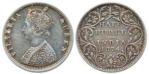 Victoria Queen, Silver ½ Rupee, 1874, Bombay Mint, obv B / rev II, with Dot. Very Rare. Ve