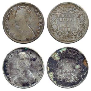 Victoria Queen and Empress, Silver (2), ½ Rupee, 1875 and 1881. Good. Rare Dates. (2)