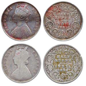 Victoria Empress, Silver (2), ½ Rupee, 1887 and 1896, Calcutta Mint. Good to About Very Fi