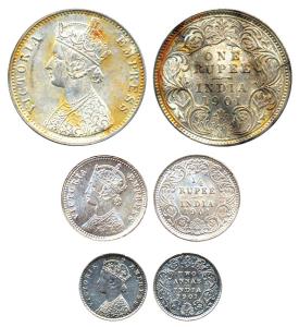 Victoria Empress, Silver (3), Set of 3, Rupee, ¼ Rupee, 2 Annas, 1901, Calcutta Mint. Very