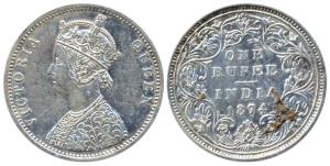 Victoria Queen, Silver, Rupee, 1874, Bombay Mint, obv A2 / rev II, no Dot. Scarce.