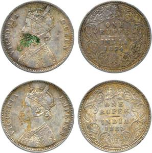 Victoria Queen/Empress, Silver (2), Rupee, 1874, A1 / rev I, no Mint Mark, 1883 A1 / rev I