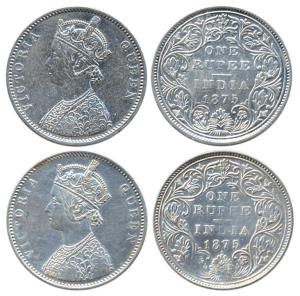 Victoria Queen, Silver (2), Rupee, 1875, Bombay Mint, obv A2/rev II, with Dot. Fine to Ver