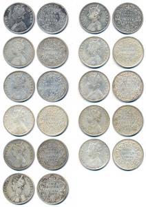 Victoria Queen and Empress, Silver (11), Rupees, 1862 A / I / 0 /0 Calcutta Mint, 1876 A1 
