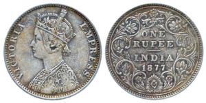 Victoria Empress, Silver, Rupee, 1877, Bombay Mint, obv A3 / rev II / Variant of rev II Fl
