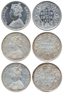 Victoria Empress, Silver (3), Rupee, 1877, Bombay Mint, obv A3 / rev II, with Dot. Very Fi
