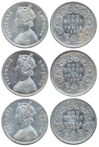 Victoria Empress, Silver (3), Rupee , 1877, Calcutta Mint, obv A1 / rev I, No Mint Mark. F