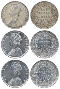 Victoria Empress, Silver (3), Rupee, 1878, Bombay Mint, obv A3 / rev II, with Dot. Fine to