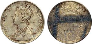 Victoria Empress, Silver, Rupee, 1880, Bombay Mint, obv A3 / rev I, with Dot. Fine+. Scarc
