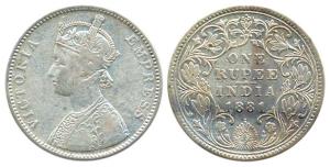 Victoria Empress, Silver, Rupee, 1881, Bombay Mint, obv A3 / rev IV, with Dot. About Fine,