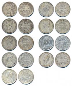 Victoria Empress, Silver (9), Rupees, 1883, A1 / I / ’C’ incuse (2), 1883, Bombay Mint, A3