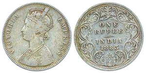 Victoria Empress, Silver, Rupee, 1883, Bombay Mint, obv A3 / rev I, ’B’ Raised. About Fine