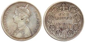 Victoria Empress, Silver, Rupee, 1884, Bombay Mint, obv A3 / rev I, ’B’ Raised. About Fine