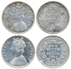 Victoria Empress, Silver (2), Rupee, 1884, Bombay Mint, obv A3 / rev I, ’B’ Raised. Fine t