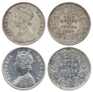 Victoria Empress, Silver Rupee (2), 1885, Calcutta Mint, obv A1 / rev I / ’C’ incuse. Fine