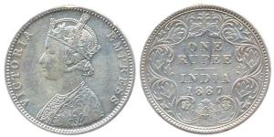 Victoria Empress, Silver, Rupee, 1887, Bombay Mint, obv C / rev I, ’B’ Raised. Fine+.