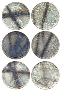 Victoria Empress, Silver (3), Rupee, 1889, obv C / rev I, ’B’ incuse, 1900, obv C / re,v I