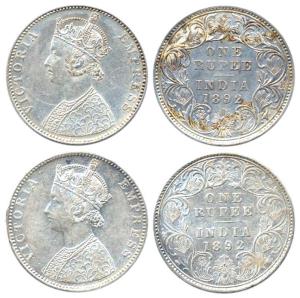 Victoria Empress, Silver (2), Rupee, 1892, Bombay Mint, obv C2 / rev I, ’B’ Incuse (Small)