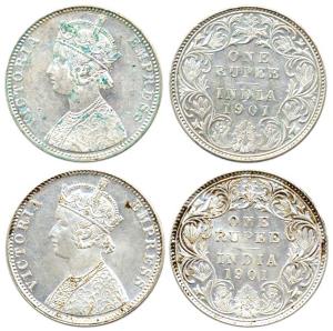 Victoria Empress, Silver (2), Rupee, 1901, Bombay Mint, obv A3 / rev I, ‘B’ incuse. Fine t