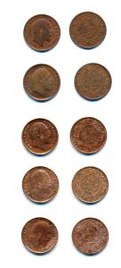 Edward VII, Copper (5), ½ Rupee, 1907 (2), 1908, 1909 and 1910, Calcutta Mint. Very Fine t