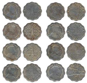 Edward VII, Cupro Nickel (8), One Anna, 1907 (2), 1908, 1909 and 1910 (4). Scarce Good to 