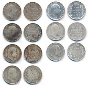 Edward VII, Silver (7), 2 Annas, 1903, 1904, 1905, 1906, 1908, 1909 and 1910. Fine to Very