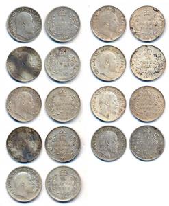 Edward VII, Silver (9), ¼ Rupee, 1905, Calcutta Mint, 1906, Calcutta Mint, (2), 1907, Calc