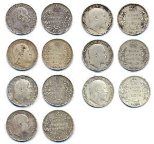 Edward VII, Silver (7), ½ Rupee, 1907, Calcutta Mint, (2), 1909, Calcutta Mint, 1910, Calc