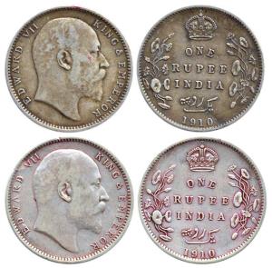 Edward VII, Silver (2), Rupee, 1910, Calcutta Mint but no Mint Mark. Very Fine.(2)