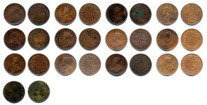 George V, Copper (13), ¼ Anna, 1911 Rare Date (4), 1912 (3), 1919, 1926 and 1930 (4). Extr