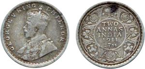 George V, Silver, 2 Annas, 1911, Calcutta Mint but no Mint Mark. About Fine, Extremely Rar
