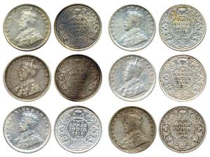 George V, Silver, 2 Annas, 1912 to 1917, Set of Six. Good+ to Fine+.