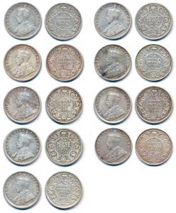 George V, Silver, ¼ Rupee (9), 1913, 1917 (2), 1918 (2), 1925, and 1936 (3). Very Good to 