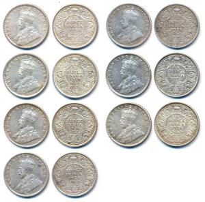 George V, Silver (7), ¼ Rupee, 1912, 1919, 1925, 1928 (2) and 1936 (2). About Fine to Very