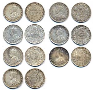 George V, Silver (7), ½ Rupee, 1919, Bombay Mint, 1923, Calcutta Mint, 1925, Calcutta Mint