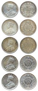 George V, Silver (5), ½ Rupeee, 1921, Calcutta Mint, 1922, Bombay Mint, 1933, Calcutta Min