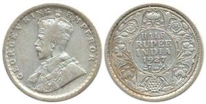 George V, Silver, ½ Rupee, 1927, Calcutta Mint. Rare. About Fine.