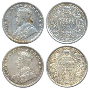 George V, Silver (2), ½ Rupee, 1921, Calcutta Mint, No Dot. Fine to Very Fine. (2)
