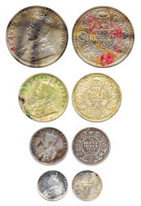 George V, Silver (4), Set of 4, Rupee, ½ Rupee, ¼ Rupee and 2Annas, 1915. About Fine to Fi