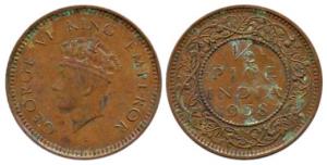 George VI, Copper, ½ Pice, 1938, Calcutta Mint, First Head variety. Very Fine+.
