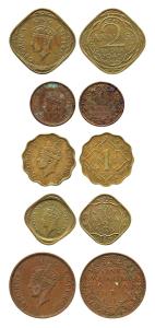 George VI, Copper and Brass (5), set of 5 Fractions, ¼ Anna, 1/12 Anna, ½ Anna, 1 Anna and