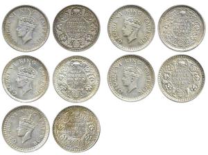 George VI, Silver (5), ½ Rupee, 1941, 1942, 1943, 1944 and 1945. Fine+ to Extremely Fine. 