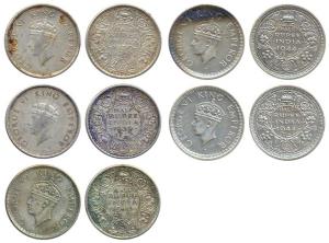 George VI, Silver (5), ½ Rupee, Calcutta Mint, 1939 (2), 1940, Calcutta Mint, 1944, Lahore