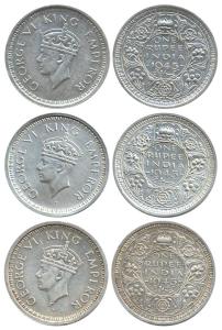 George VI, Silver (3), Rupee, 1945, Bombay Mint (2), 1945, Lahore Mint. Very Fine to Extre