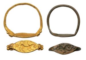 Gold (2), Signet ring, (c. 3rd BC-3rd AD), 2.13g., a delicate gold and copper ring of the 