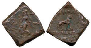 BAKTRIA, Pantaleon, (c. 185-180 BC), Copper Unit, (11.37 gm). legend in Brahmi, female dei